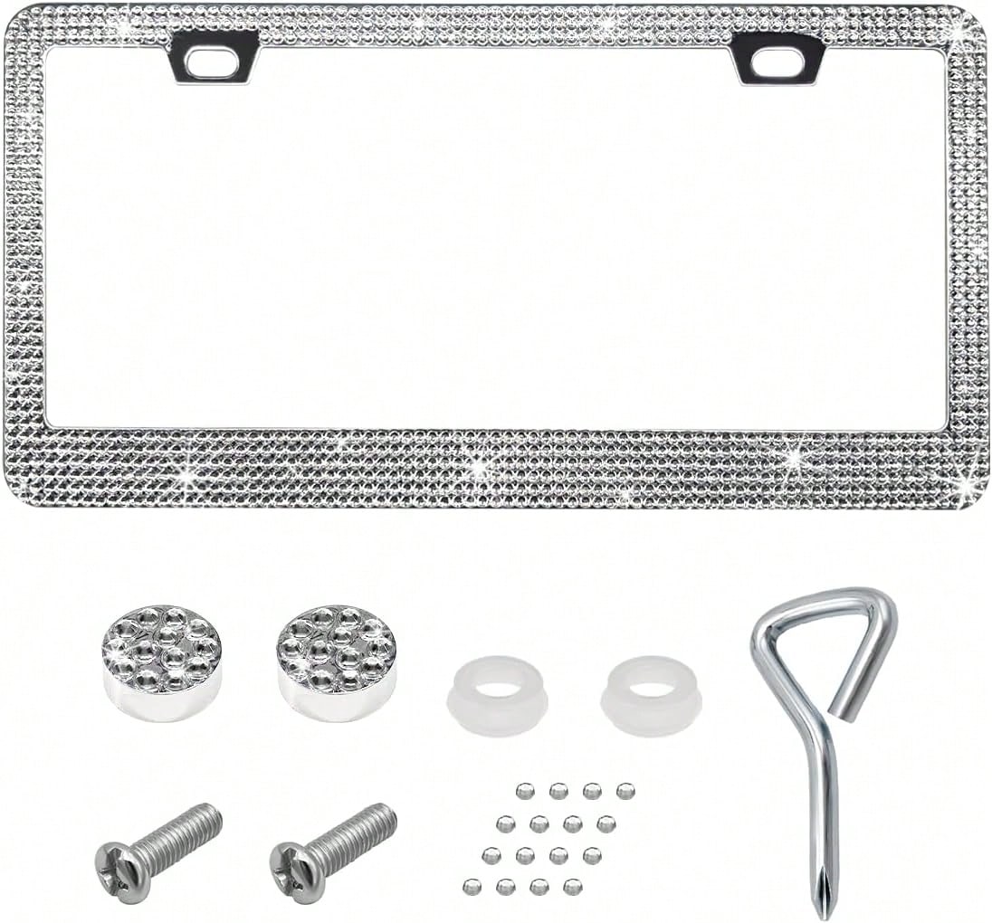DXNQ Bling License Plate Frame, Sparkly Rhinestone Diamond License Plate Cover With Crystal Screws Caps, Glitter Crystal Stainless Steel License