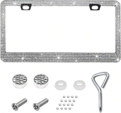 DXNQ Bling License Plate Frame, Sparkly Rhinestone Diamond License Plate Cover With Crystal Screws Caps, Glitter Crystal Stainless Steel License