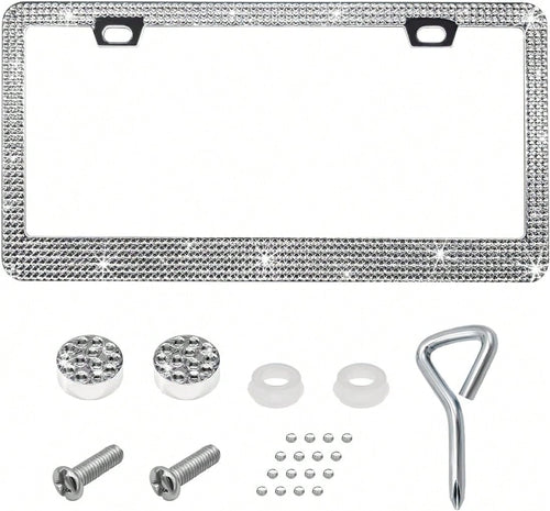 DXNQ Bling License Plate Frame, Sparkly Rhinestone Diamond License Plate Cover With Crystal Screws Caps, Glitter Crystal Stainless Steel License