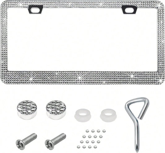 DXNQ Bling License Plate Frame, Sparkly Rhinestone Diamond License Plate Cover With Crystal Screws Caps, Glitter Crystal Stainless Steel License