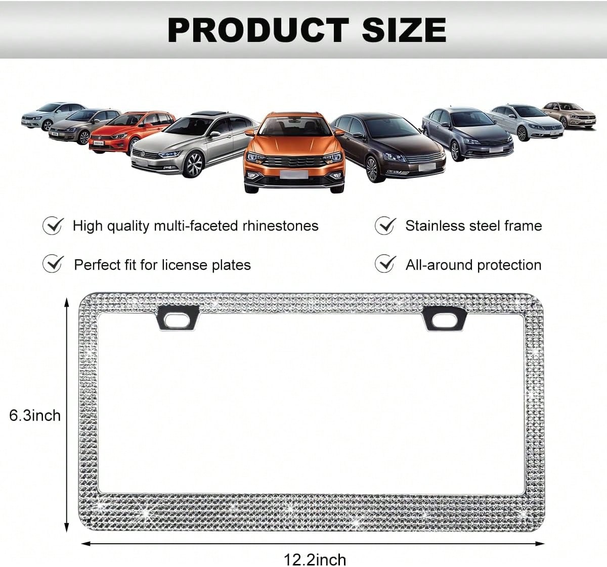 DXNQ Bling License Plate Frame, Sparkly Rhinestone Diamond License Plate Cover With Crystal Screws Caps, Glitter Crystal Stainless Steel License