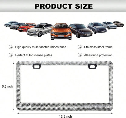 DXNQ Bling License Plate Frame, Sparkly Rhinestone Diamond License Plate Cover With Crystal Screws Caps, Glitter Crystal Stainless Steel License