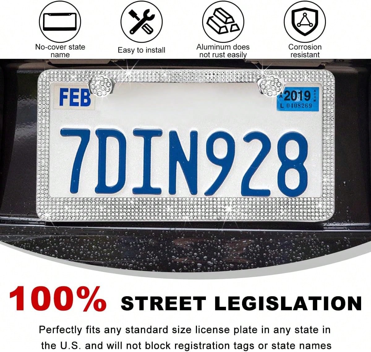 DXNQ Bling License Plate Frame, Sparkly Rhinestone Diamond License Plate Cover With Crystal Screws Caps, Glitter Crystal Stainless Steel License