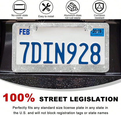 DXNQ Bling License Plate Frame, Sparkly Rhinestone Diamond License Plate Cover With Crystal Screws Caps, Glitter Crystal Stainless Steel License