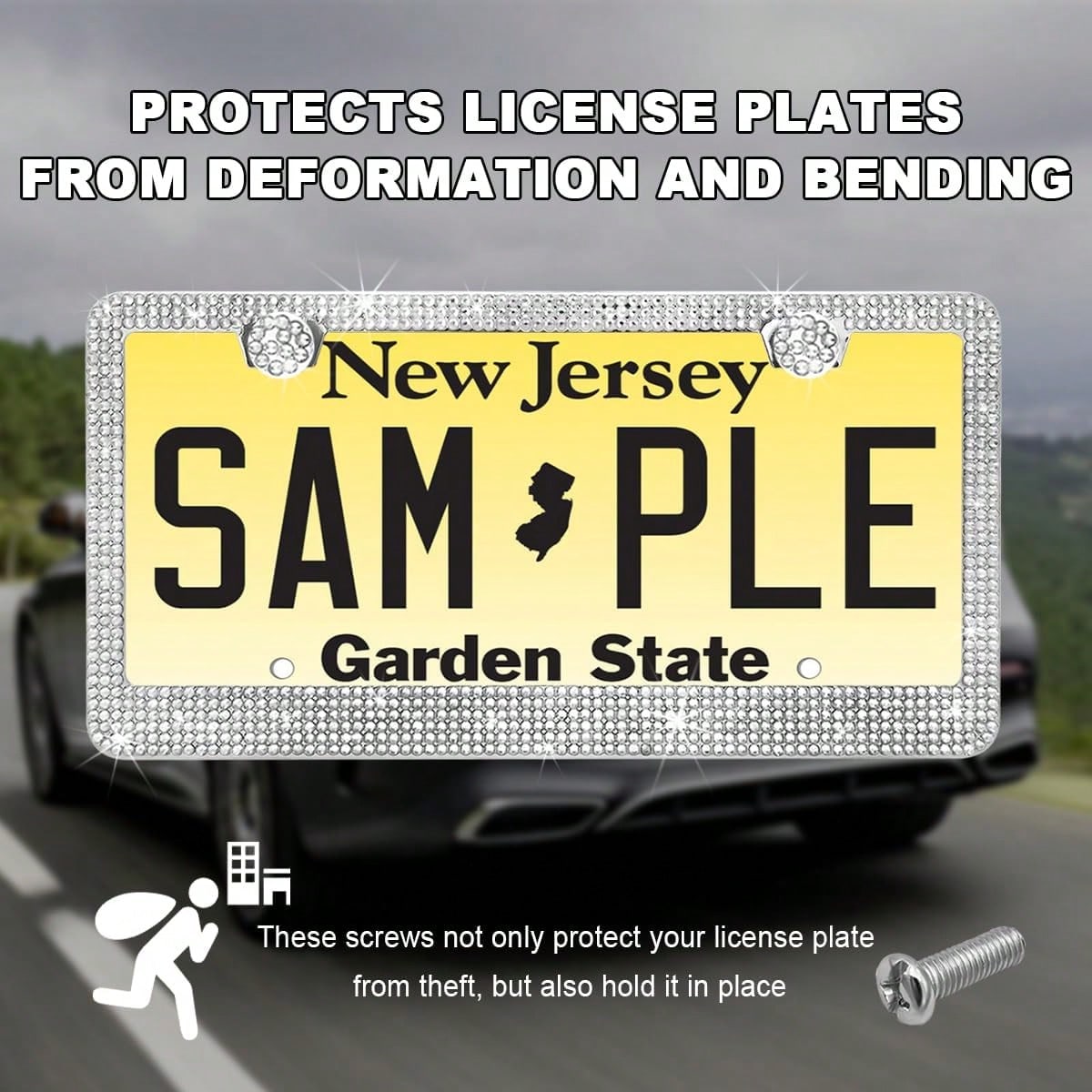 DXNQ Bling License Plate Frame, Sparkly Rhinestone Diamond License Plate Cover With Crystal Screws Caps, Glitter Crystal Stainless Steel License