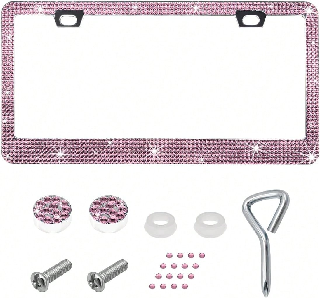 DXNQ Bling License Plate Frame, Sparkly Rhinestone Diamond License Plate Cover With Crystal Screws Caps, Glitter Crystal Stainless Steel License
