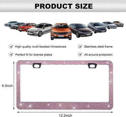 DXNQ Bling License Plate Frame, Sparkly Rhinestone Diamond License Plate Cover With Crystal Screws Caps, Glitter Crystal Stainless Steel License