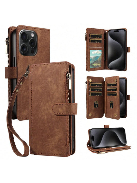 eaacaa Leather Wallet Card Holder Shockproof Flip Phone Case 1pc Vintage Flip Wallet Phone Case With Card Slots, Wrist Strap, Anti-Theft Protection Compatible With Iphone 17 Pro Max/17 Pro/AIR/17/17e
