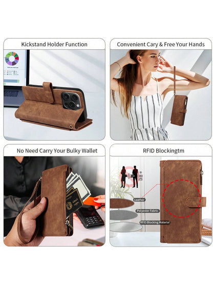 eaacaa Leather Wallet Card Holder Shockproof Flip Phone Case 1pc Vintage Flip Wallet Phone Case With Card Slots, Wrist Strap, Anti-Theft Protection Compatible With Iphone 17 Pro Max/17 Pro/AIR/17/17e