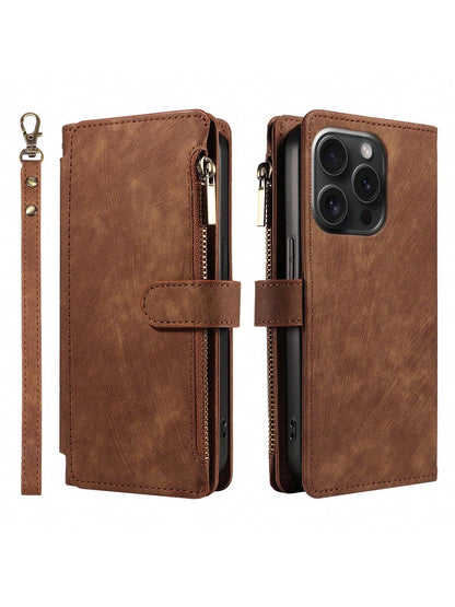 eaacaa Leather Wallet Card Holder Shockproof Flip Phone Case 1pc Vintage Flip Wallet Phone Case With Card Slots, Wrist Strap, Anti-Theft Protection Compatible With Iphone 17 Pro Max/17 Pro/AIR/17/17e