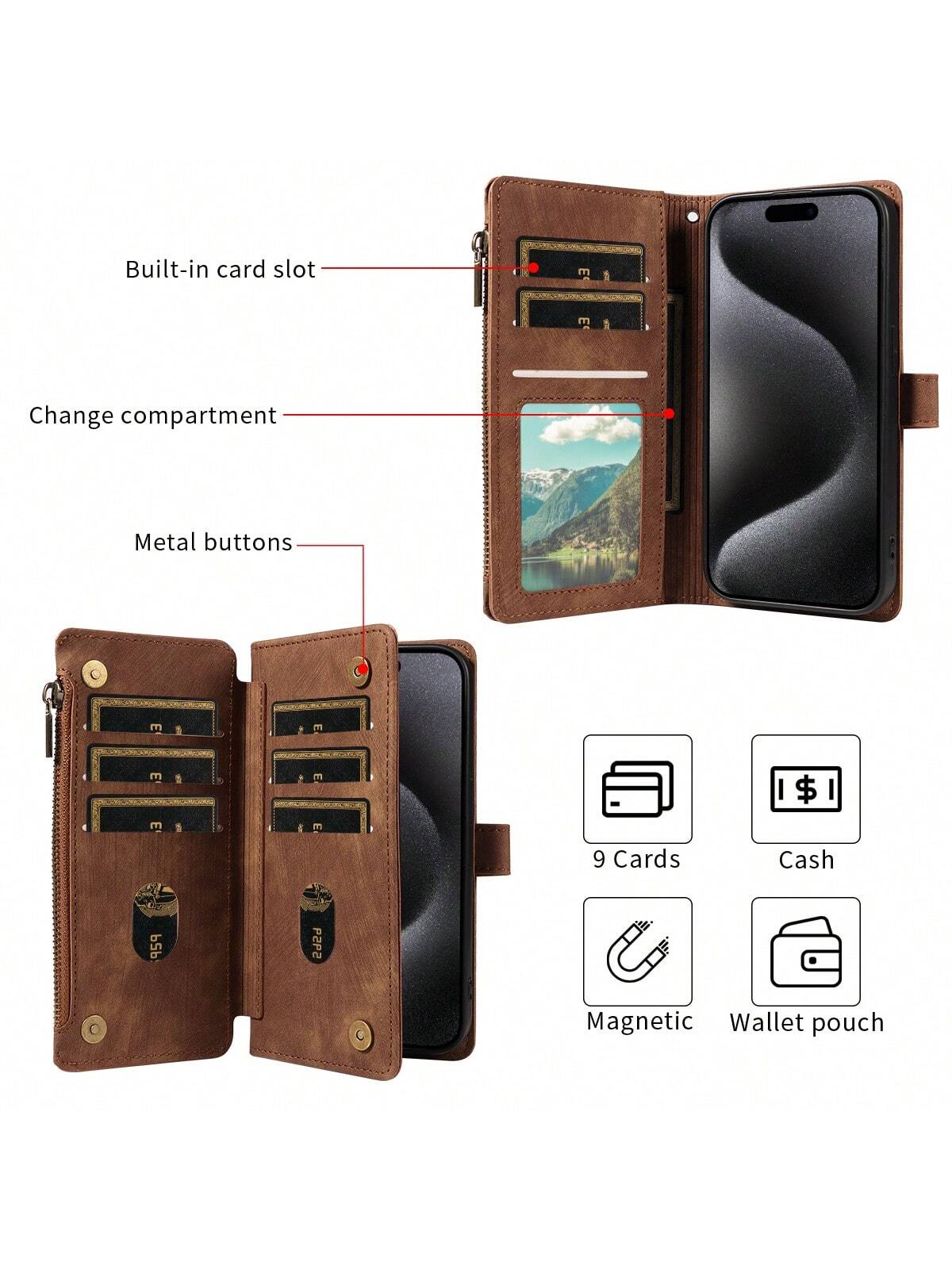 eaacaa Leather Wallet Card Holder Shockproof Flip Phone Case 1pc Vintage Flip Wallet Phone Case With Card Slots, Wrist Strap, Anti-Theft Protection Compatible With Iphone 17 Pro Max/17 Pro/AIR/17/17e