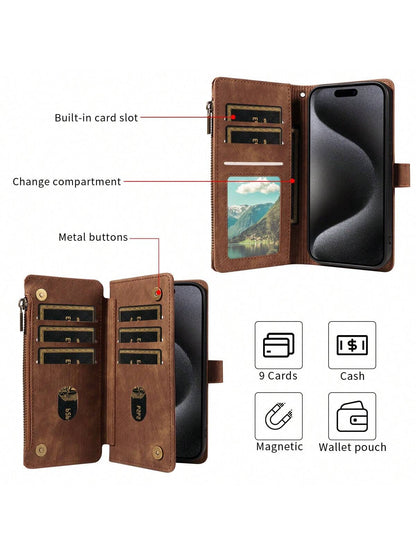 eaacaa Leather Wallet Card Holder Shockproof Flip Phone Case 1pc Vintage Flip Wallet Phone Case With Card Slots, Wrist Strap, Anti-Theft Protection Compatible With Iphone 17 Pro Max/17 Pro/AIR/17/17e