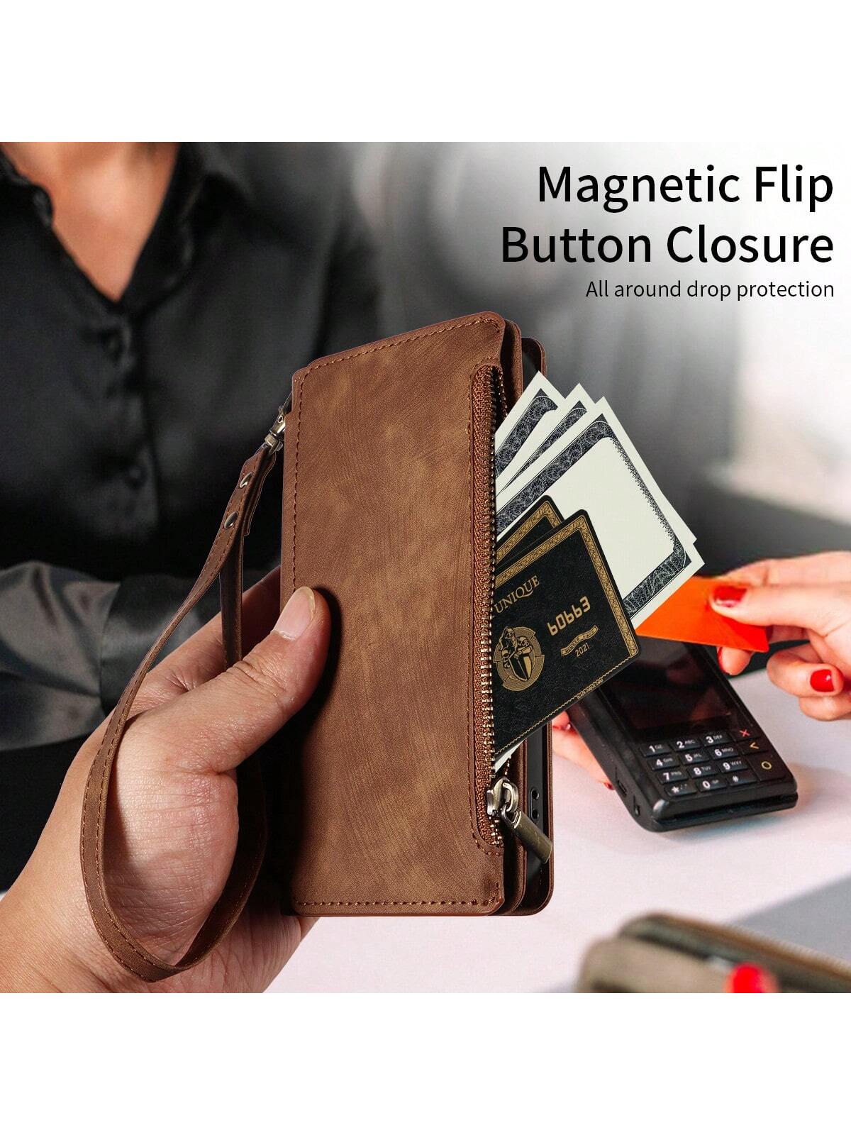 eaacaa Leather Wallet Card Holder Shockproof Flip Phone Case 1pc Vintage Flip Wallet Phone Case With Card Slots, Wrist Strap, Anti-Theft Protection Compatible With Iphone 17 Pro Max/17 Pro/AIR/17/17e