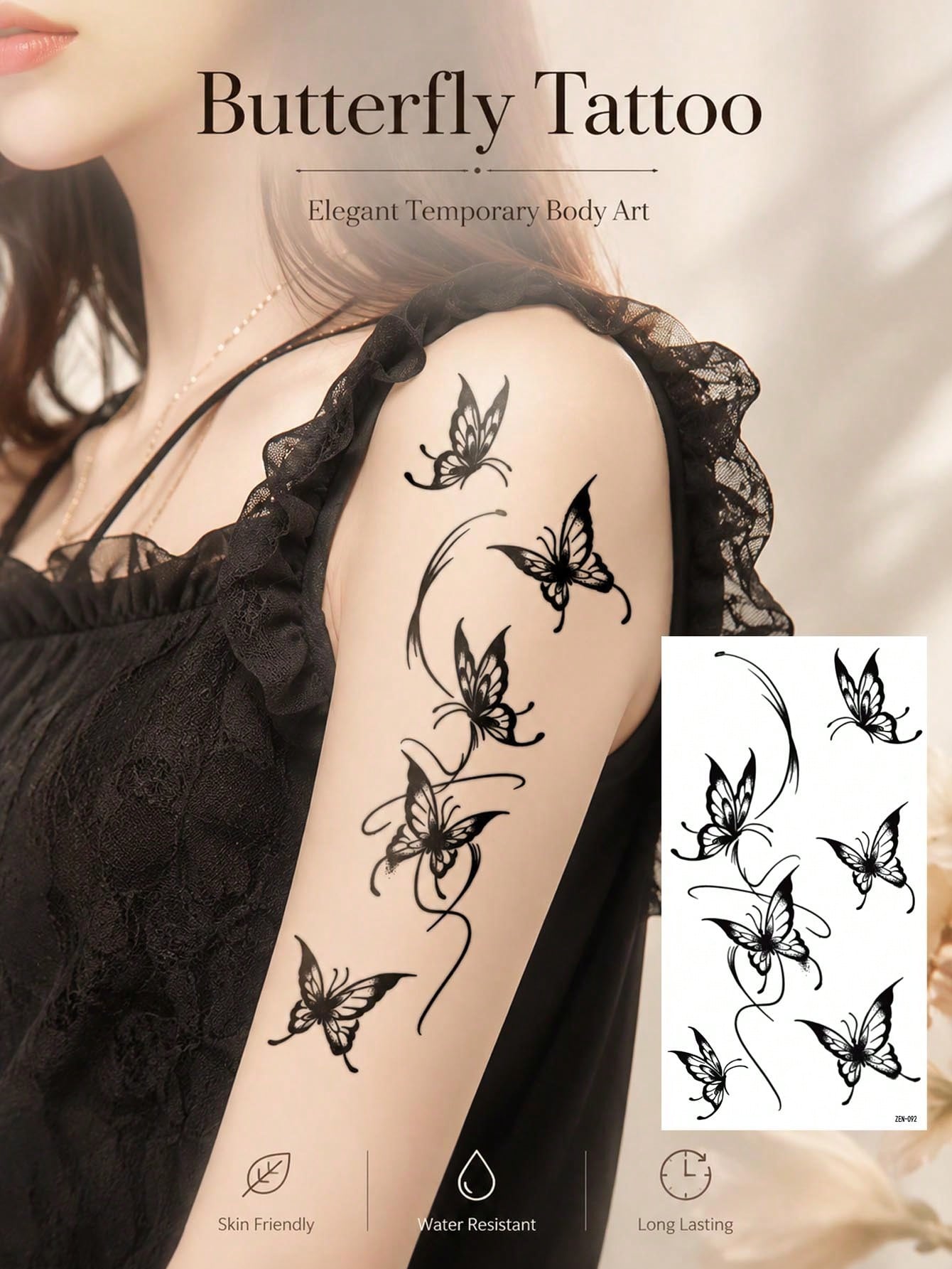 Elegant Butterfly Temporary Tattoo Sticker For Women, Black Butterfly Floral Body Art Design, Delicate Wing Pattern Fake Tattoo For Arm Shoulder Back, Waterproof Long Lasting Easy Apply Aesthetic Tatt