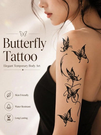 Elegant Butterfly Temporary Tattoo Sticker For Women, Black Butterfly Floral Body Art Design, Delicate Wing Pattern Fake Tattoo For Arm Shoulder Back, Waterproof Long Lasting Easy Apply Aesthetic Tatt