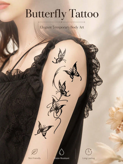 Elegant Butterfly Temporary Tattoo Sticker For Women, Black Butterfly Floral Body Art Design, Delicate Wing Pattern Fake Tattoo For Arm Shoulder Back, Waterproof Long Lasting Easy Apply Aesthetic Tatt