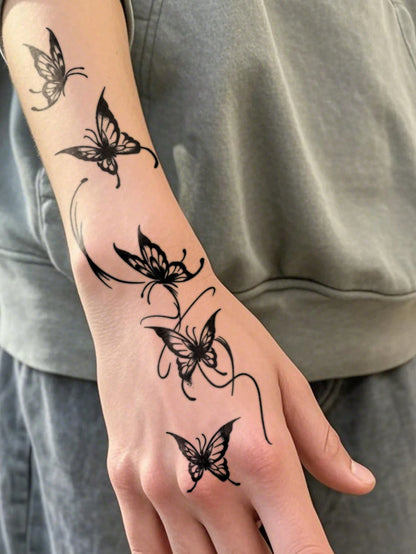 Elegant Butterfly Temporary Tattoo Sticker For Women, Black Butterfly Floral Body Art Design, Delicate Wing Pattern Fake Tattoo For Arm Shoulder Back, Waterproof Long Lasting Easy Apply Aesthetic Tatt