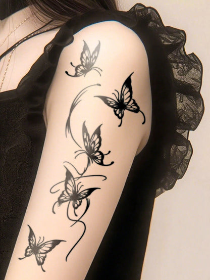 Elegant Butterfly Temporary Tattoo Sticker For Women, Black Butterfly Floral Body Art Design, Delicate Wing Pattern Fake Tattoo For Arm Shoulder Back, Waterproof Long Lasting Easy Apply Aesthetic Tatt