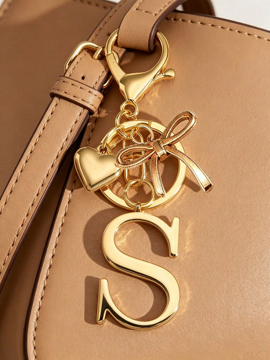 Elegant Gold Letter Keychain, A-Z 3D Letter Pendant With Bow And Heart Decor, Fashion Alloy Keyring, Bag Charm, Car Key Chain, Suitable For Women Daily Use, Couples Gift, Classic Minimalist Keychain