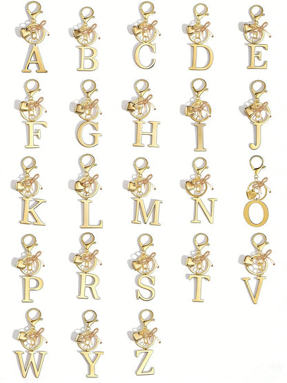 Elegant Gold Letter Keychain, A-Z 3D Letter Pendant With Bow And Heart Decor, Fashion Alloy Keyring, Bag Charm, Car Key Chain, Suitable For Women Daily Use, Couples Gift, Classic Minimalist Keychain