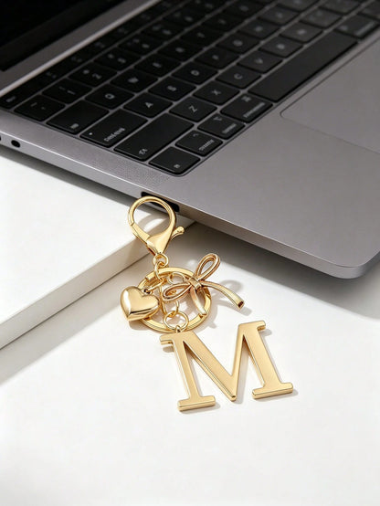 Elegant Gold Letter Keychain, A-Z 3D Letter Pendant With Bow And Heart Decor, Fashion Alloy Keyring, Bag Charm, Car Key Chain, Suitable For Women Daily Use, Couples Gift, Classic Minimalist Keychain