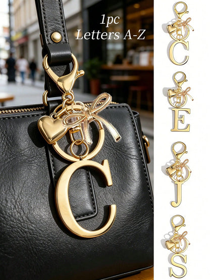 Elegant Gold Letter Keychain, A-Z 3D Letter Pendant With Bow And Heart Decor, Fashion Alloy Keyring, Bag Charm, Car Key Chain, Suitable For Women Daily Use, Couples Gift, Classic Minimalist Keychain