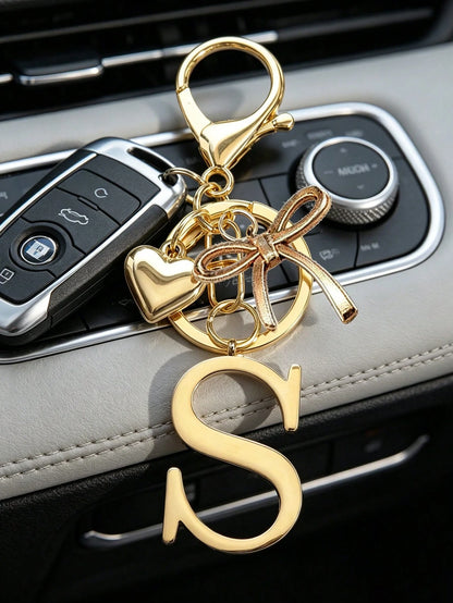 Elegant Gold Letter Keychain, A-Z 3D Letter Pendant With Bow And Heart Decor, Fashion Alloy Keyring, Bag Charm, Car Key Chain, Suitable For Women Daily Use, Couples Gift, Classic Minimalist Keychain
