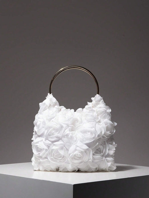Elegant Rose Flower Design Evening Bag, Ladies Dress Party Handbag, Sweet Girl Crossbody Bag, Solid Color Bucket Bag