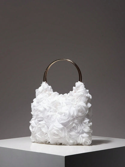 Elegant Rose Flower Design Evening Bag, Ladies Dress Party Handbag, Sweet Girl Crossbody Bag, Solid Color Bucket Bag