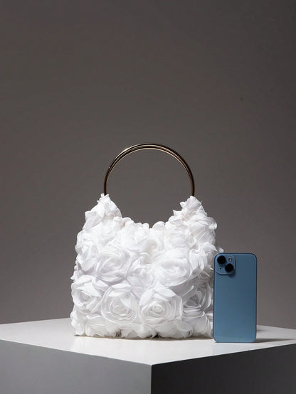 Elegant Rose Flower Design Evening Bag, Ladies Dress Party Handbag, Sweet Girl Crossbody Bag, Solid Color Bucket Bag