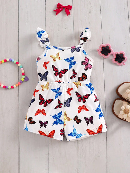 Emery Rose Kids Emery Rose Kids Baby Girl Butterfly Romper,Cute White Summer Sleeveless Knit Elastic Floral Print Camisole Romper For Toddler Girls Vacation,Bachelorette Casual