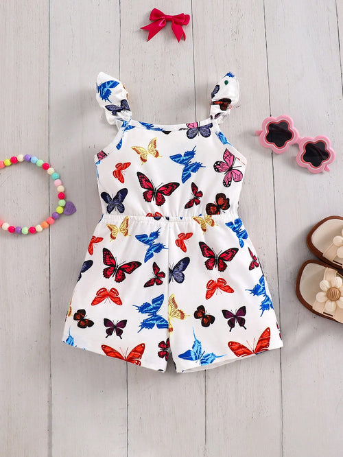 Emery Rose Kids Emery Rose Kids Baby Girl Butterfly Romper,Cute White Summer Sleeveless Knit Elastic Floral Print Camisole Romper For Toddler Girls Vacation,Bachelorette Casual