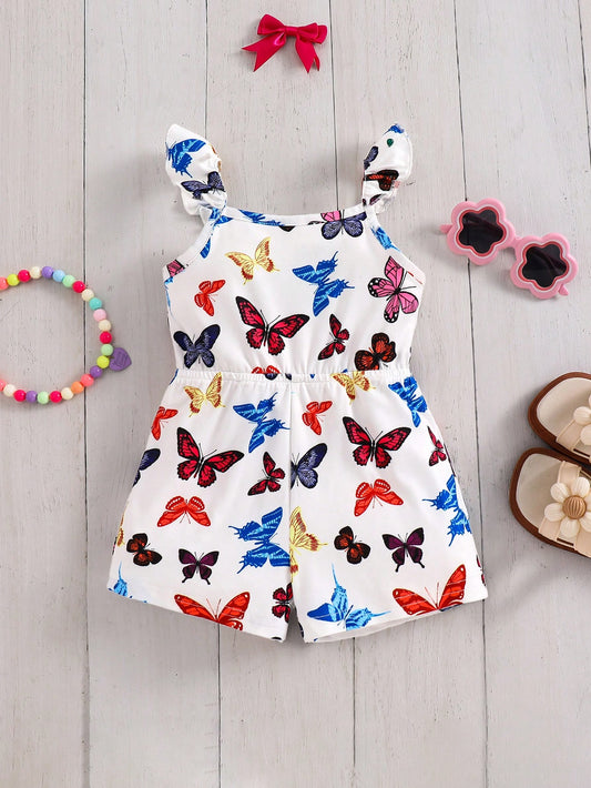 Emery Rose Kids Emery Rose Kids Baby Girl Butterfly Romper,Cute White Summer Sleeveless Knit Elastic Floral Print Camisole Romper For Toddler Girls Vacation,Bachelorette Casual