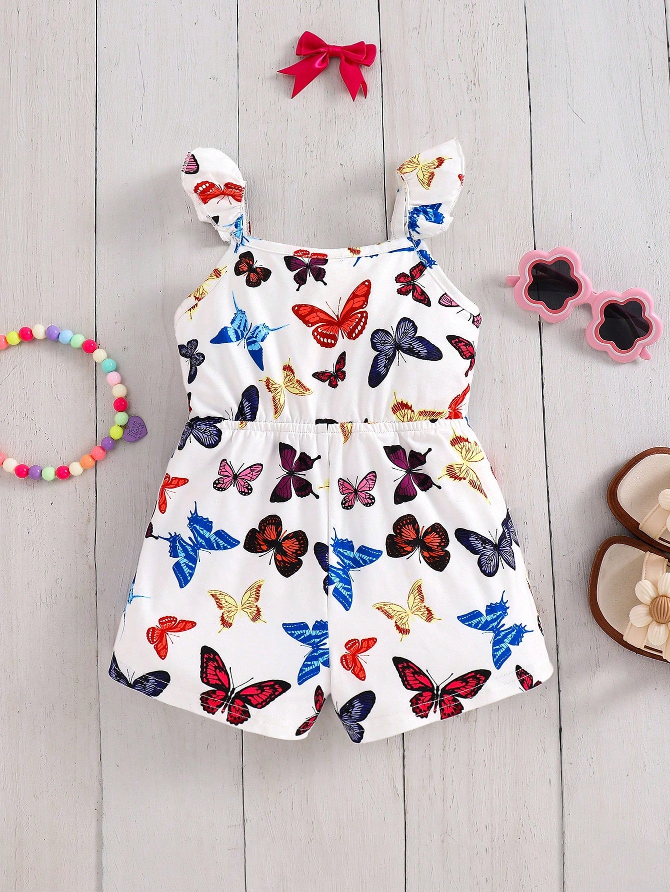 Emery Rose Kids Emery Rose Kids Baby Girl Butterfly Romper,Cute White Summer Sleeveless Knit Elastic Floral Print Camisole Romper For Toddler Girls Vacation,Bachelorette Casual