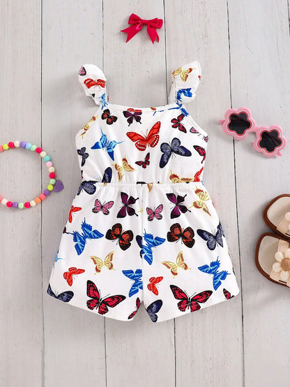 Emery Rose Kids Emery Rose Kids Baby Girl Butterfly Romper,Cute White Summer Sleeveless Knit Elastic Floral Print Camisole Romper For Toddler Girls Vacation,Bachelorette Casual