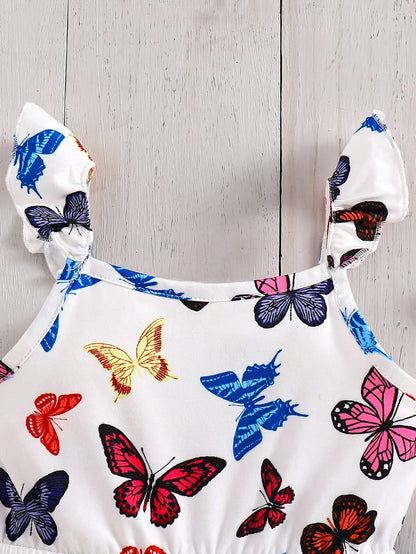 Emery Rose Kids Emery Rose Kids Baby Girl Butterfly Romper,Cute White Summer Sleeveless Knit Elastic Floral Print Camisole Romper For Toddler Girls Vacation,Bachelorette Casual