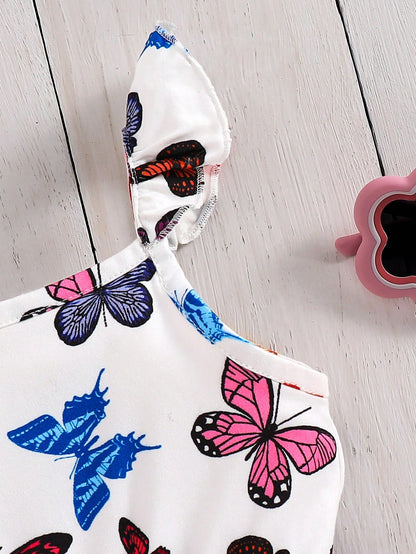 Emery Rose Kids Emery Rose Kids Baby Girl Butterfly Romper,Cute White Summer Sleeveless Knit Elastic Floral Print Camisole Romper For Toddler Girls Vacation,Bachelorette Casual