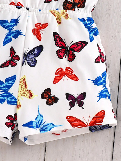 Emery Rose Kids Emery Rose Kids Baby Girl Butterfly Romper,Cute White Summer Sleeveless Knit Elastic Floral Print Camisole Romper For Toddler Girls Vacation,Bachelorette Casual