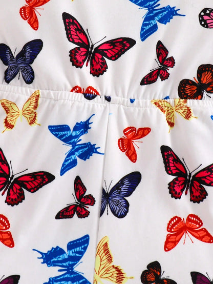 Emery Rose Kids Emery Rose Kids Baby Girl Butterfly Romper,Cute White Summer Sleeveless Knit Elastic Floral Print Camisole Romper For Toddler Girls Vacation,Bachelorette Casual