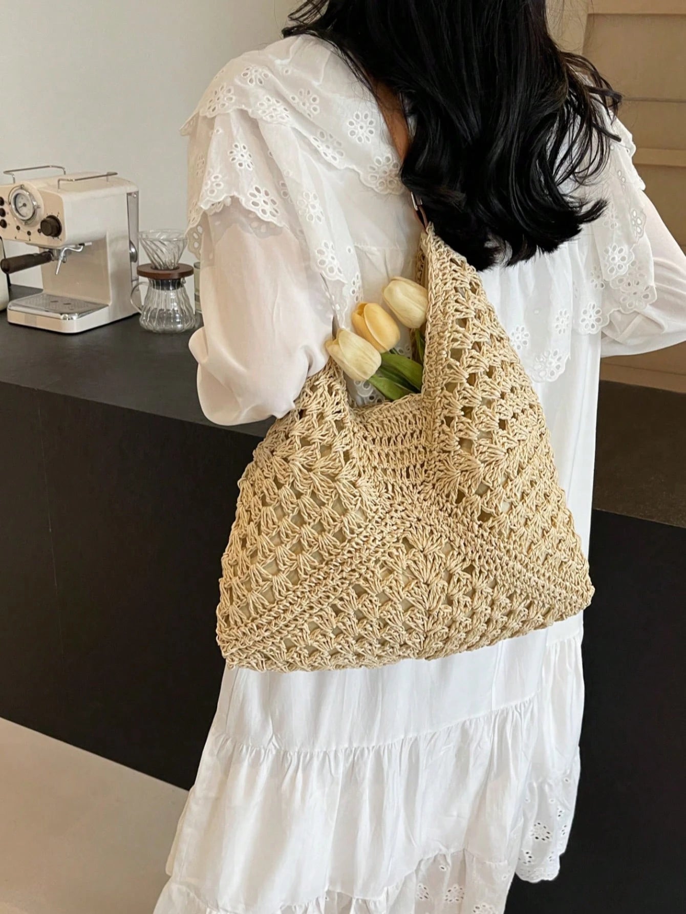 EMERY ROSE Large Capacity Portable Women's Woven Straw Shoulder Bag, Medium Handbag With Handle, Suitable For Teenage Girls, Women, College Students
