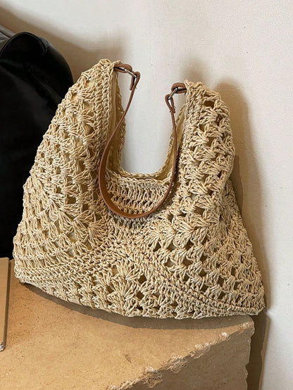EMERY ROSE Large Capacity Portable Women's Woven Straw Shoulder Bag, Medium Handbag With Handle, Suitable For Teenage Girls, Women, College Students