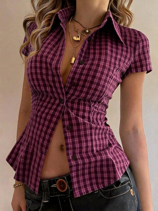 EMERY ROSE Light Yellow Fine Plaid Collared Short Sleeve Shirt