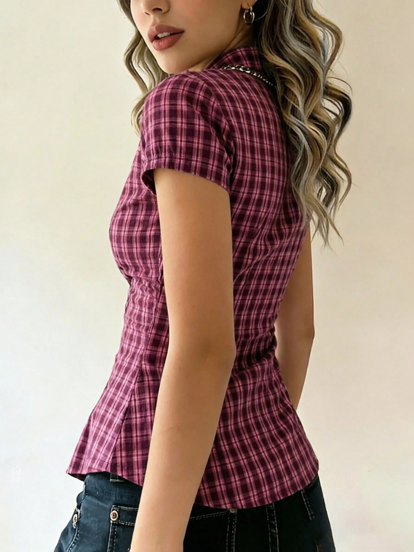EMERY ROSE Light Yellow Fine Plaid Collared Short Sleeve Shirt