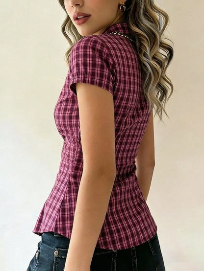 EMERY ROSE Light Yellow Fine Plaid Collared Short Sleeve Shirt