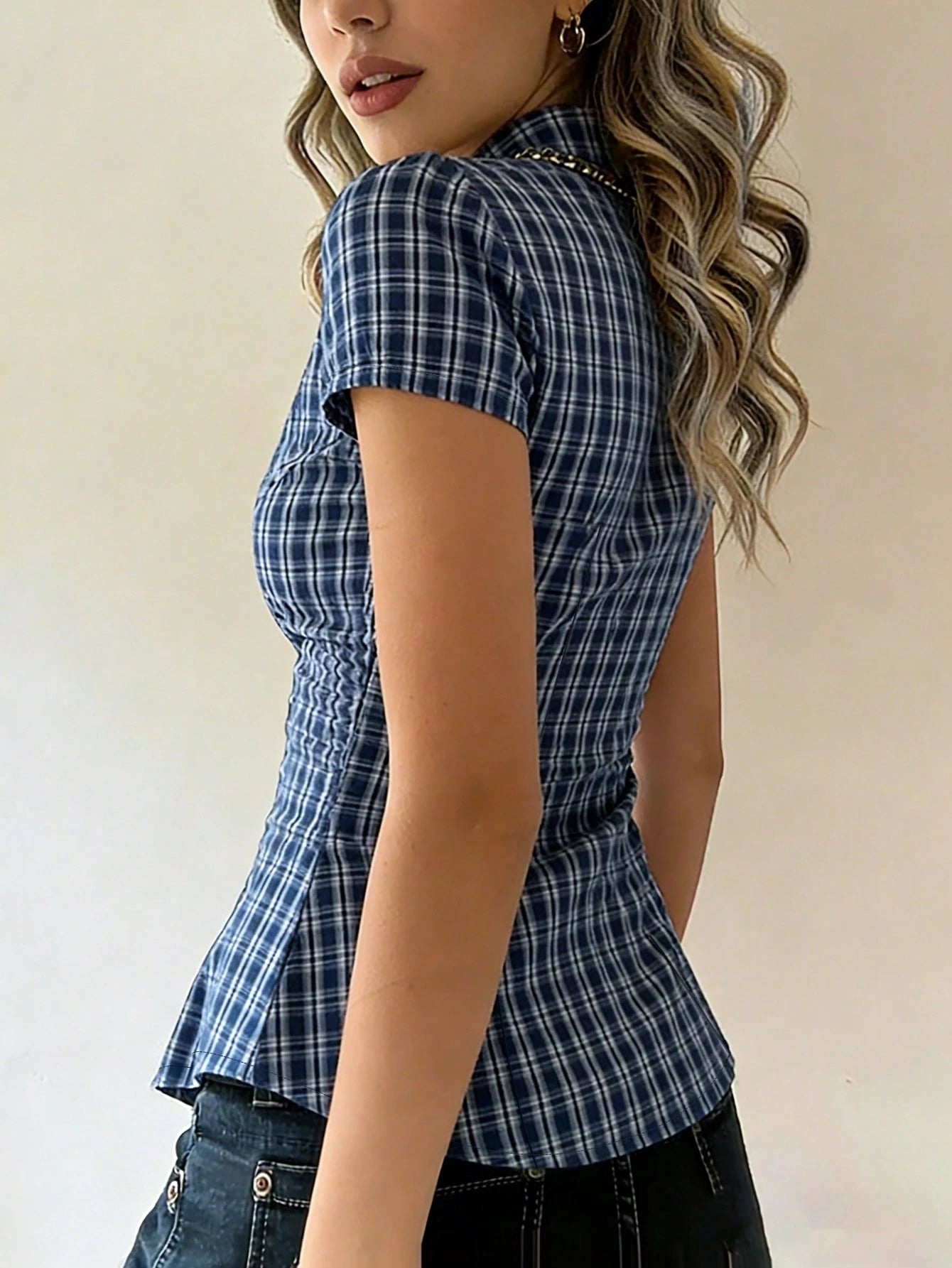 EMERY ROSE Light Yellow Fine Plaid Collared Short Sleeve Shirt