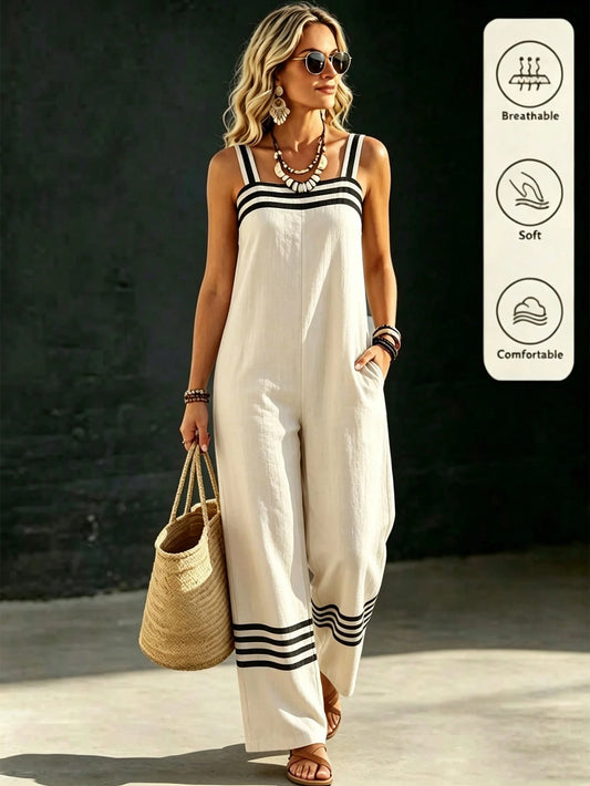 EMERY ROSE Women's Khaki Striped Patchwork Loose Casual Jumpsuit, Oversized And Comfortable, With Pockets, Suitable For Women's Vacation Casual Jumpsuit