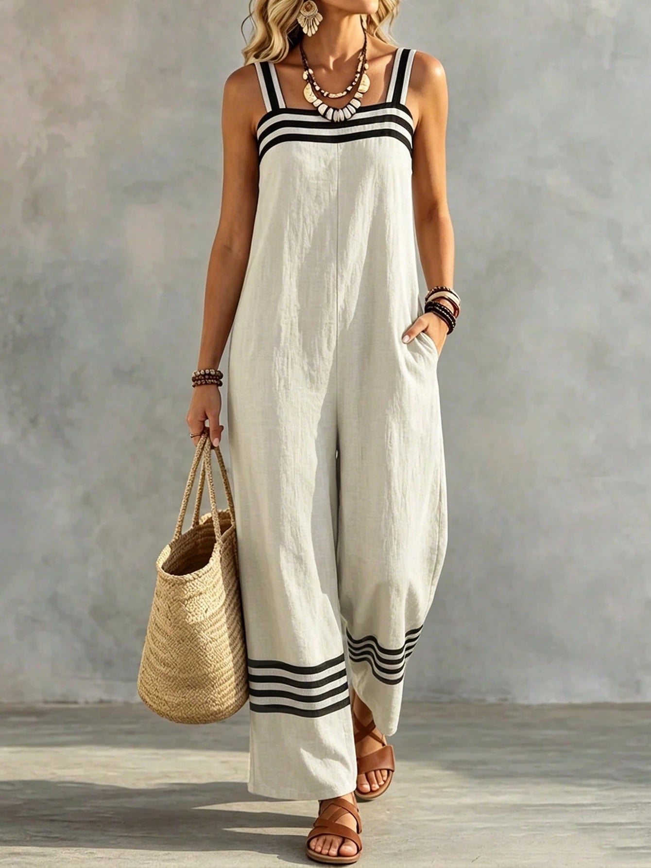EMERY ROSE Women's Khaki Striped Patchwork Loose Casual Jumpsuit, Oversized And Comfortable, With Pockets, Suitable For Women's Vacation Casual Jumpsuit