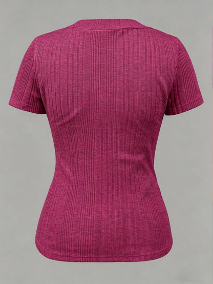 EMERY ROSE Women's V-Neck Asymmetrical Ribbed Casual Short Sleeve T-Shirt Everyday Magenta Summer