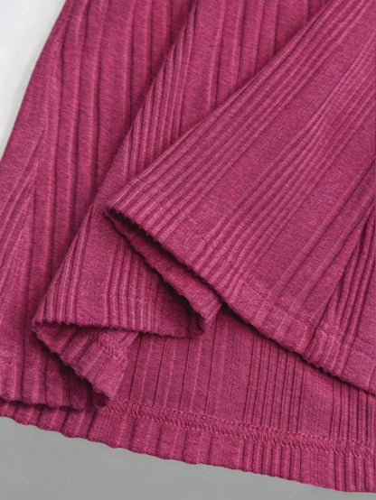 EMERY ROSE Women's V-Neck Asymmetrical Ribbed Casual Short Sleeve T-Shirt Everyday Magenta Summer