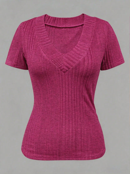 EMERY ROSE Women's V-Neck Asymmetrical Ribbed Casual Short Sleeve T-Shirt Everyday Magenta Summer